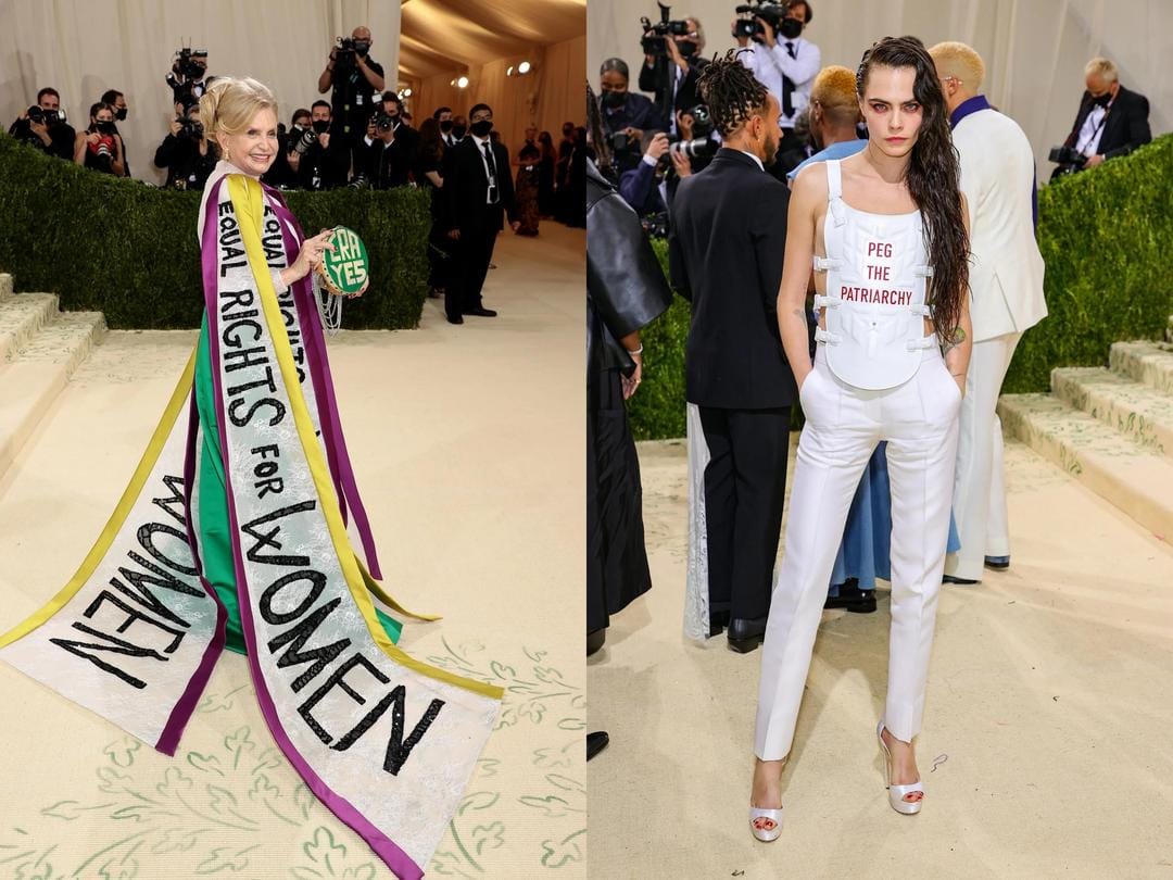 Carolyn Maloney (Getty ImagesDimitrios Kambouris) dan Cara Delevingne (Getty ImagesTheo Wargo) di Met Gala 2021 (via teenvogue.com)